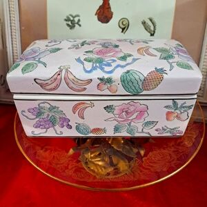 Vintage Hand Painted Chinese Ceramic Box with Lid- Storage Box with Florals 8x4"